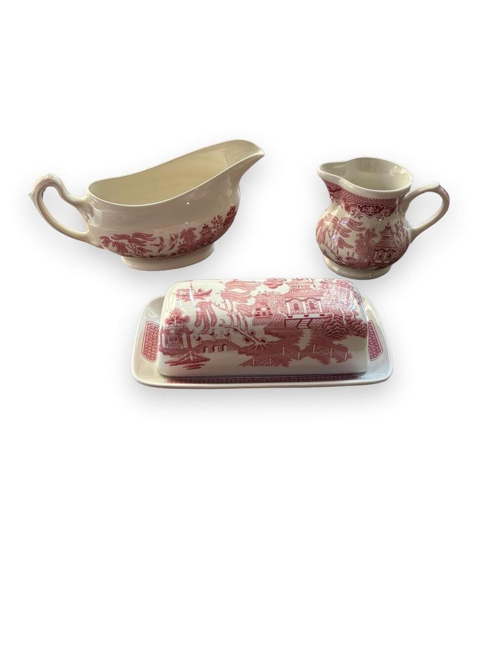 Churchhill England 3 piece set, Pink Rosa Willow Pattern